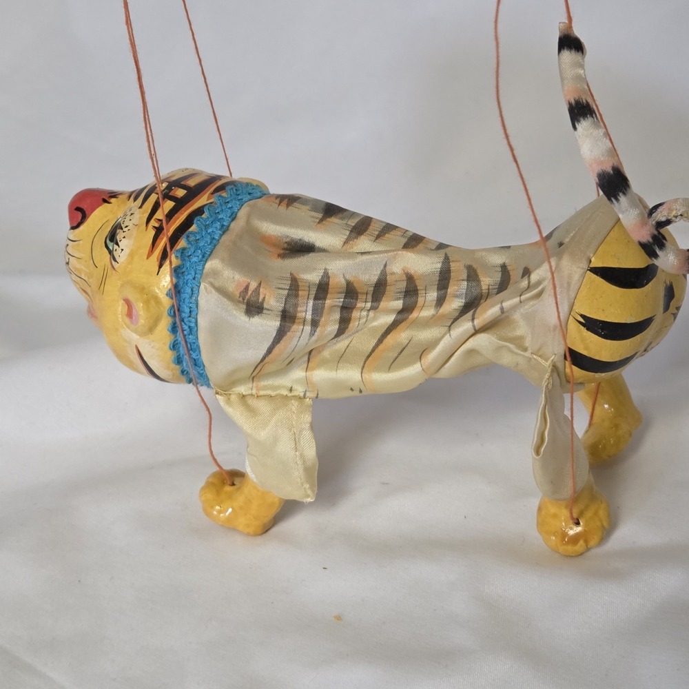 Vtg Burmese Folk Art Tiger Marionette Puppet Composition Clay Silk Painted 1960s